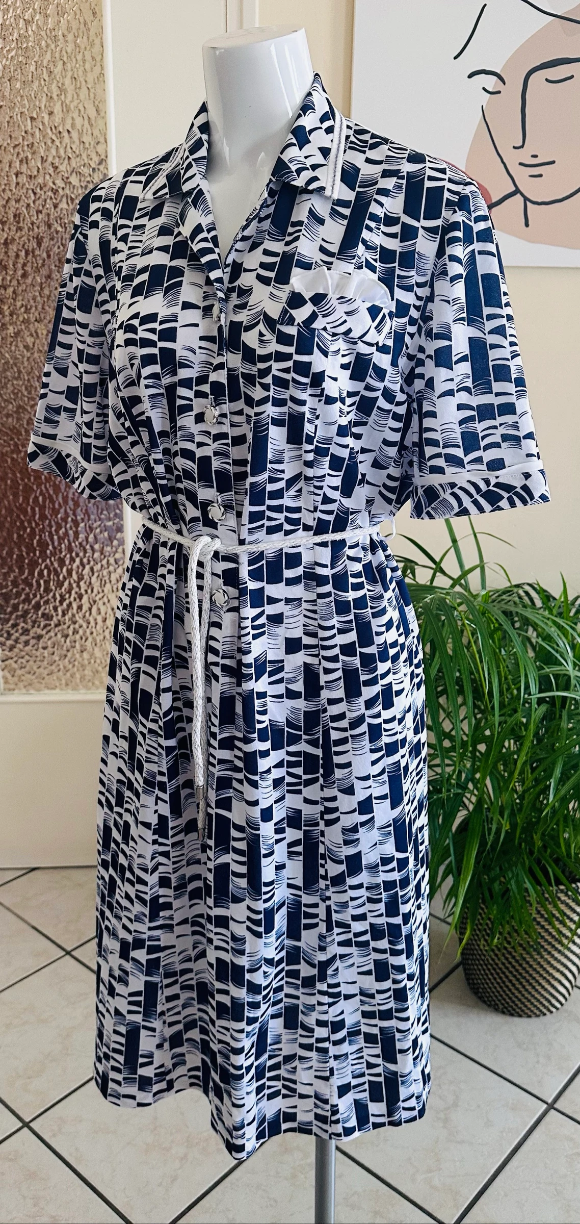 Vintage gebreide jurk marineblauw en wit maat 48/50 – Perfecte staat – photo 9